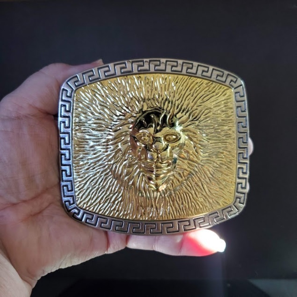 Lion Head Belt Buckle Two Tone Gold Silver Greek Key Border Statement Fashion